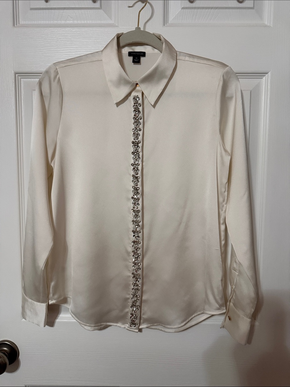 Ann Taylor Cream Shirt with Jeweled Placket